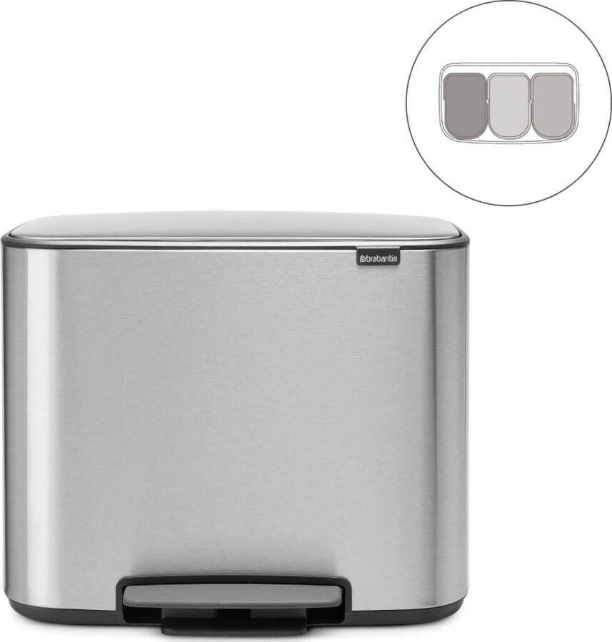 Brabantia Bo pedaalemmer 3 x 11 liter met 3 kunststof binnenemmers Matt Steel Fingerprint Proof