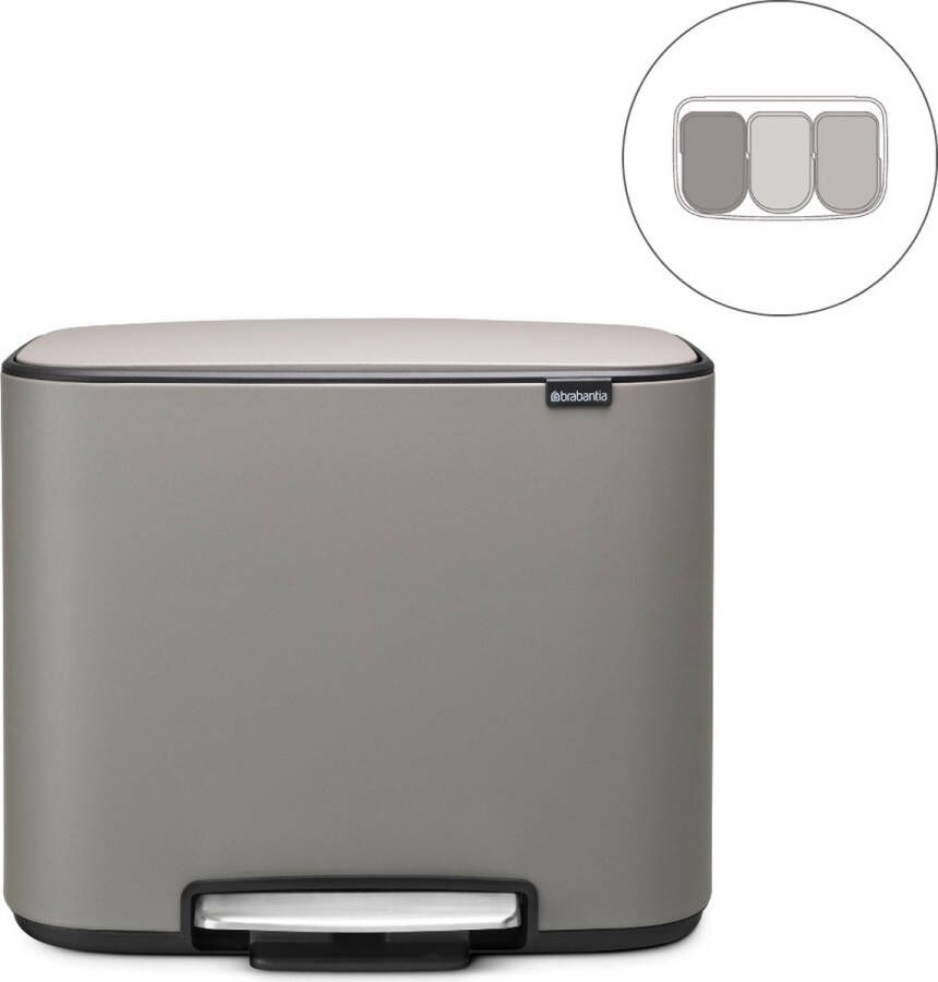 Brabantia Bo pedaalemmer 3 x 11 liter met 3 kunststof binnenemmers Mineral Concrete Grey