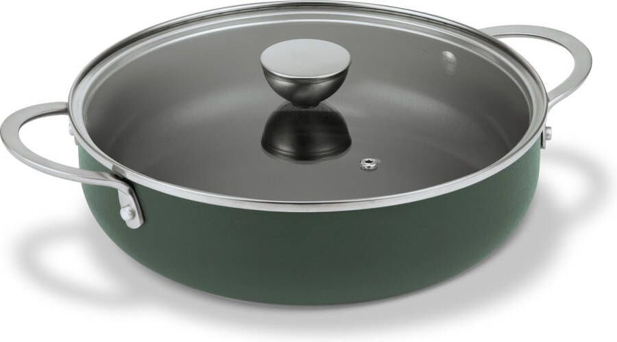 Brabantia Futura Green Hapjespan low Casserole Non-Stick Ø 26 cm – inclusief glazen deksel -100% PFAS-Vrije keramische antiaanbaklaag – Retro Design -Geschikt voor Inductie 100% Recycled Aluminium – Donker Groen