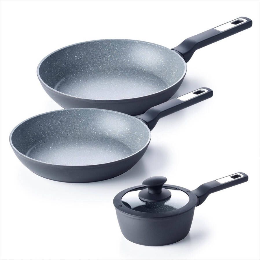 Brabantia GALAXY Pannenset 4-delig 2 koekenpannen (Ø 20 24 cm) en 1 steelpan met deksel (Ø 16 cm) Dubbele Antiaanbaklaag Ergonomisch Inductie geschikt Zwart