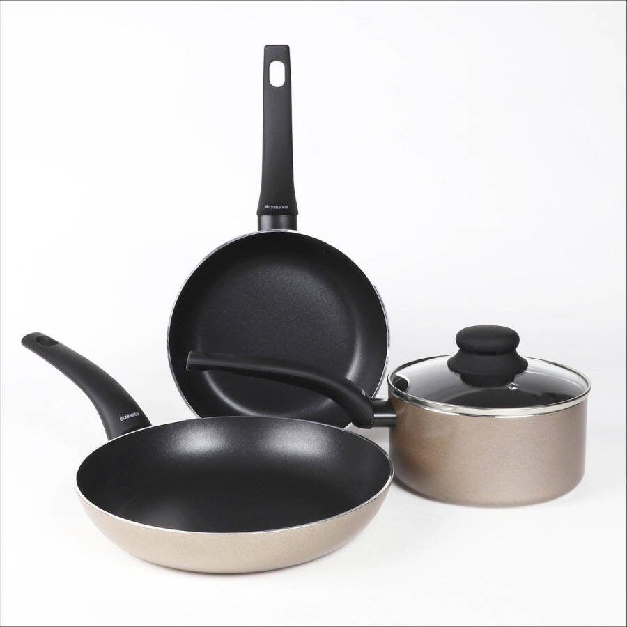 Brabantia HEAT PEARL SET 4-delig 2 koekenpannen (Ø 22 24 cm) en 1 steelpan met glazen deksel (Ø 16 cm) Antiaanbaklaag Aluminium Body Warmte-indicator- Inductie geschikt- Beige