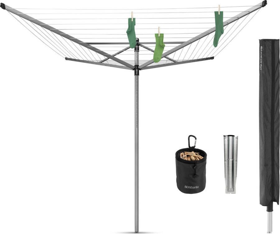 Brabantia Lift-O-Matic Advance Droogmolen met Metalen Grondanker Beschermhoes en Wasknijpertasje 50 m Metallic Grey