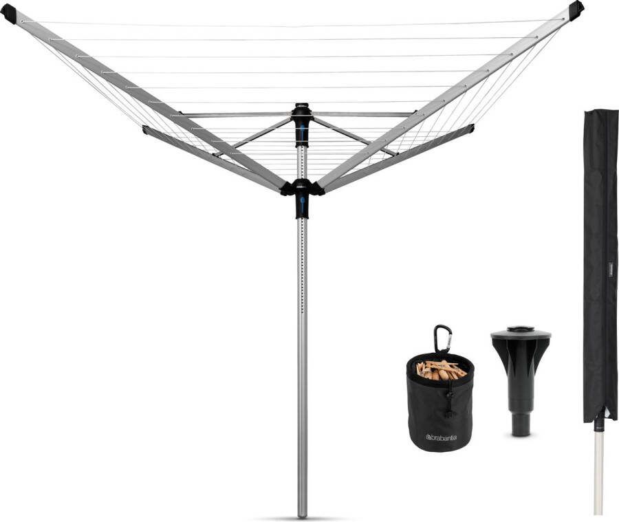 Brabantia Lift-o-Matic Advance droogmolen met kunststof betonanker beschermhoes en wasknijpertasje 50 m Metallic Grey