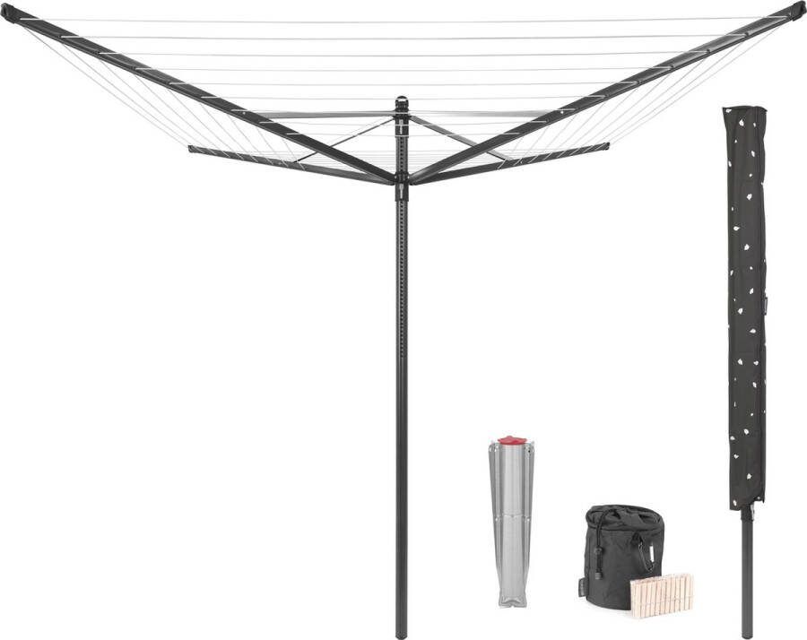 Brabantia Lift-O-Matic droogmolen met metalen grondanker beschermhoes wasknijpertasje en wasknijpers 50 m Anthracite