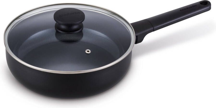 Brabantia NERO Hapjespan Skillet Ø 24 cm – Inclusief Glazen Deksel Ergonomisch en licht 100% PFAS vrij- 100% Gerecycleerd -Keramische Anti-aanbaklaag Geschikt voor alle warmtebronnen – Zwart