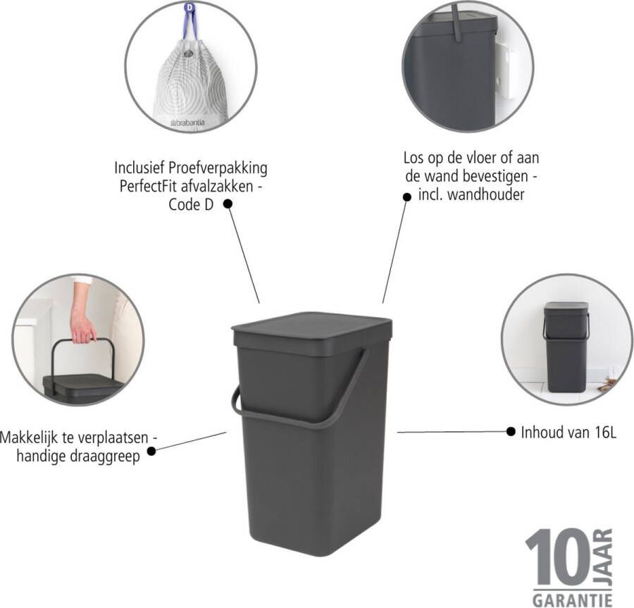 Brabantia Sort & Go Afvalemmer Opberger 16 L Donkergrijs