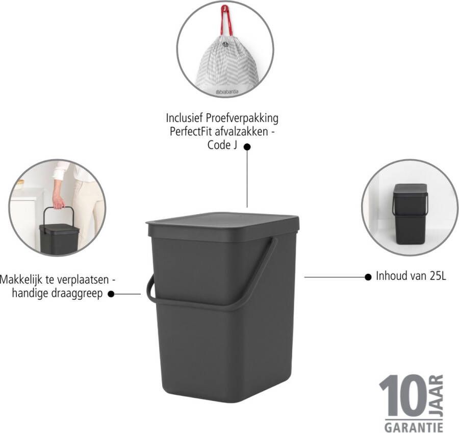 Brabantia Sort & Go Prullenbak 25 liter Dark Grey