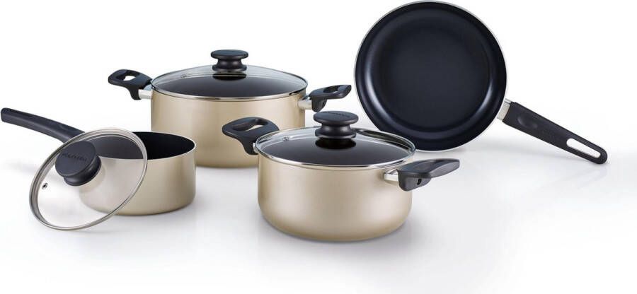 Brabantia START 2 COOK Pannenset 4 (7)delig Healthy Cooking Geschikt voor Inductie Keramische anti aanbaklaag 100% PFAS vrij Complete Set voor de beginner Beige