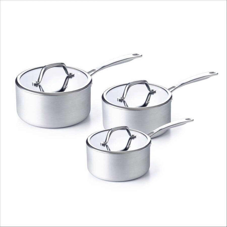 Brabantia Technopro Steelpannenset Ø 16cm + Ø 18cm + Ø 20cm Steelpan Glazen deksels -6-delig Dubbele anti-aanbaklaag- Hoogwaardige Aluminium -Zilver