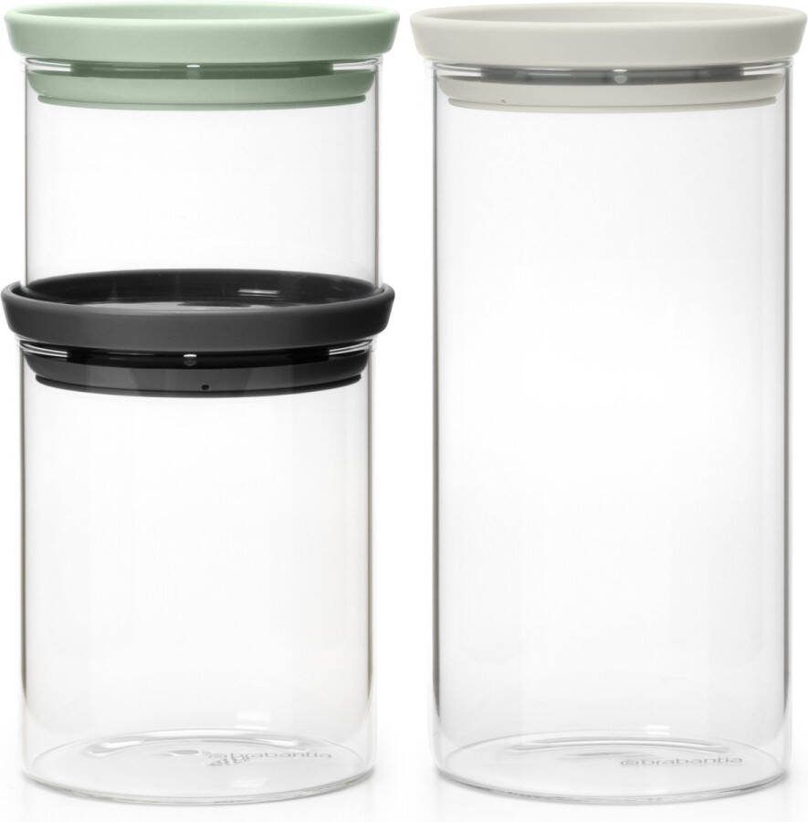 Brabantia Glazen voorraadbussen stapelbaar set van 0 3-0 6-1 liter Light Grey Dark Grey en Jade Green