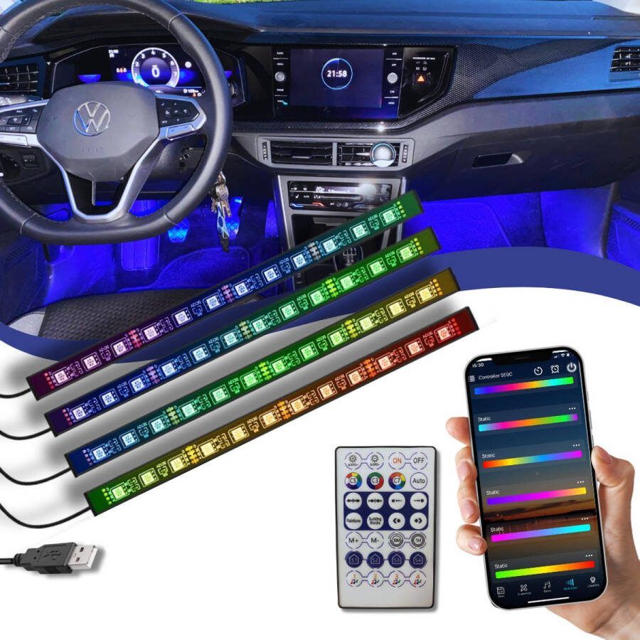 Brakel & Zwaan Auto led verlichting RGBIC met autolader| 12V 5V Auto interieur verlichting sfeerverlichting auto vrachtwagen accesoires auto accessories interieur verlichting Auto verlichting Led strip auto Met App en afstandsbediening
