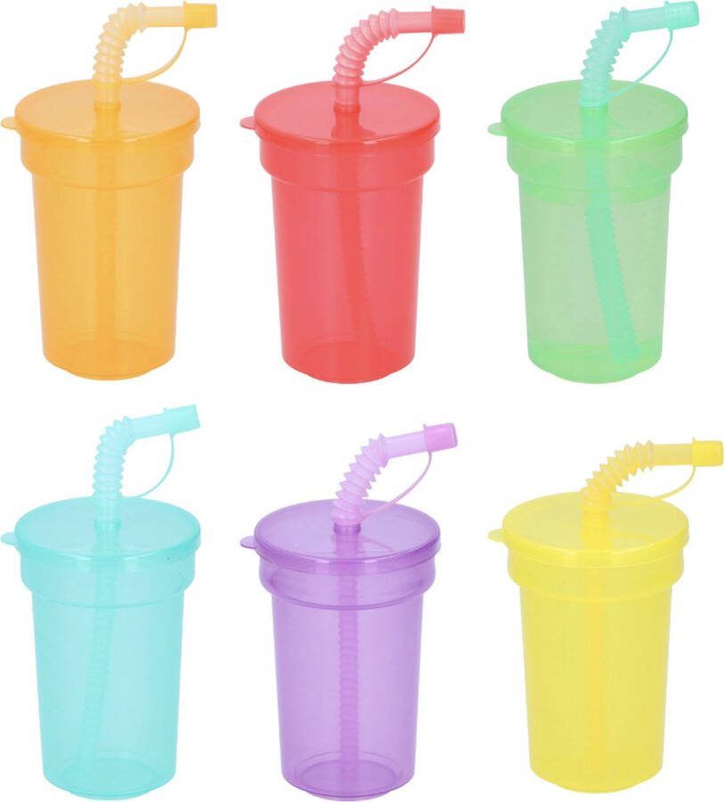 Brash Drinkbeker met rietje Drinkbekers 6 stuks Bekers voor kinderen Kunststof Drinkbeker met Rietje Beker met Deksel en rietje Verschillende kleuren BPA vrij