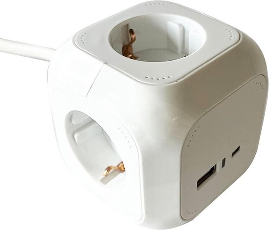 Brasq Stekkerdoos met USB 4-voudig incl. 1 USB en 1 USB-C Powercube Wit Stekkerblok Verdeelstekker Reisstekker 1 4 meter