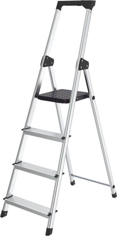 Brasq Huishoudtrap 4 -treden Zwart keukentrap inklapbaar aluminium voor Particulier en professioneel gebruik Trap Ladder Anti slip