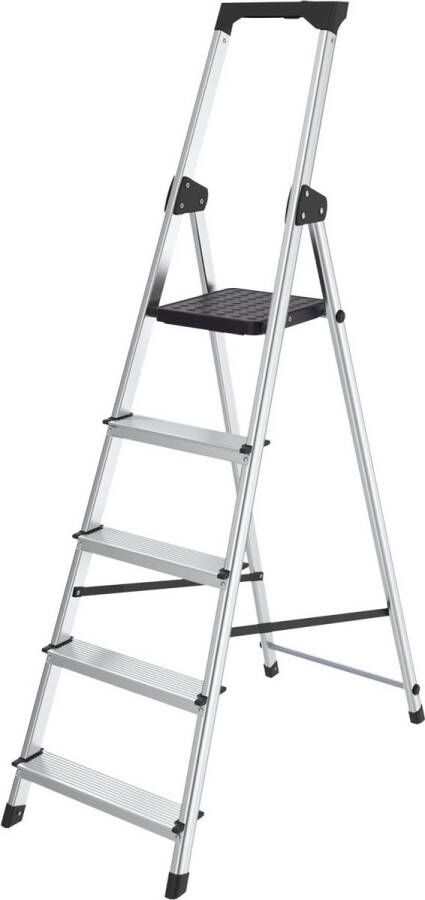 Brasq Huishoudtrap 5-treden Zilver keukentrap inklapbaar aluminium voor Particulier en professioneel gebruik Trap Ladder Anti slip