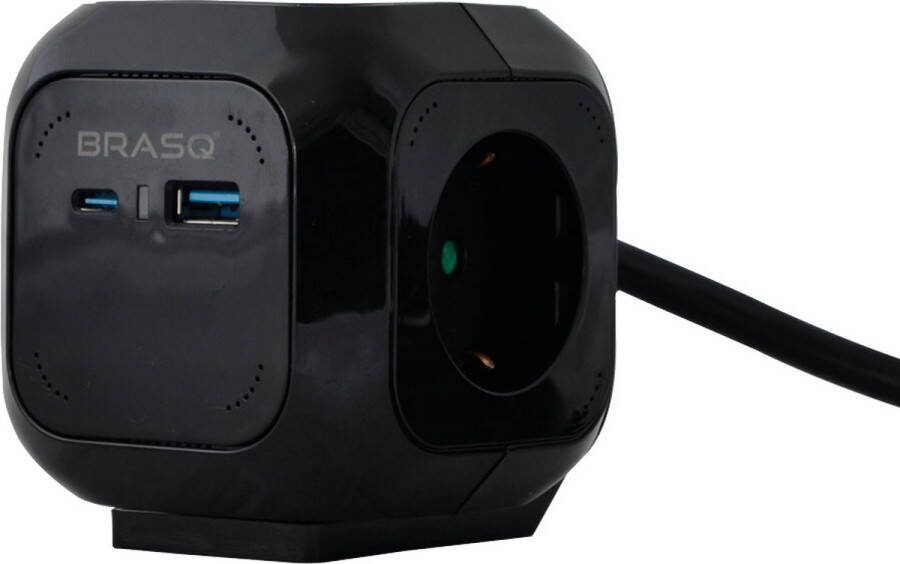 Brasq Stekkerdoos met USB 4-voudig incl. 1 USB en 1 USB-C Powercube Zwart Stekkerblok Verdeelstekker Reisstekker 1 4 meter