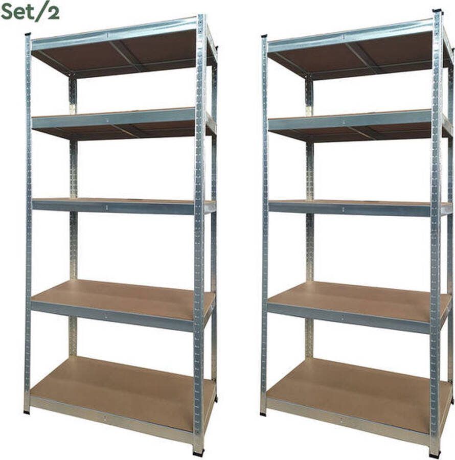 Brasq Stellingkast Zilver Set van 2 Metalen Opbergrek voorraadkast wandkast Magazijnstelling 180x90x40 5 lagen 175 KG per plank max 875 KG