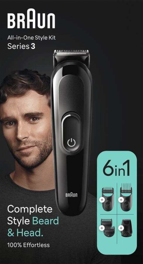 Braun All-In-One Style Kit Series 3 MGK3410 6-in-1 Alledaagse Verzorgingsset voor Heren Voor Baard Trimmen Haar Trimmen En Meer Met Ultrascherp Scheerblad Afspoelbare opzetstukken en kammen Oplaadbaar 50 minuten Draadloos Gebruik