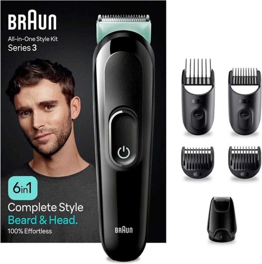 Braun All-In-One Style Kit Series 3 MGK3411 6-in-1 Alledaagse Verzorgingsset voor Heren Voor Baard Trimmen Haar Trimmen En Meer Met Ultrascherp Scheerblad Afspoelbare opzetstukken en kammen Oplaadbaar 50 minuten Draadloos Gebruik