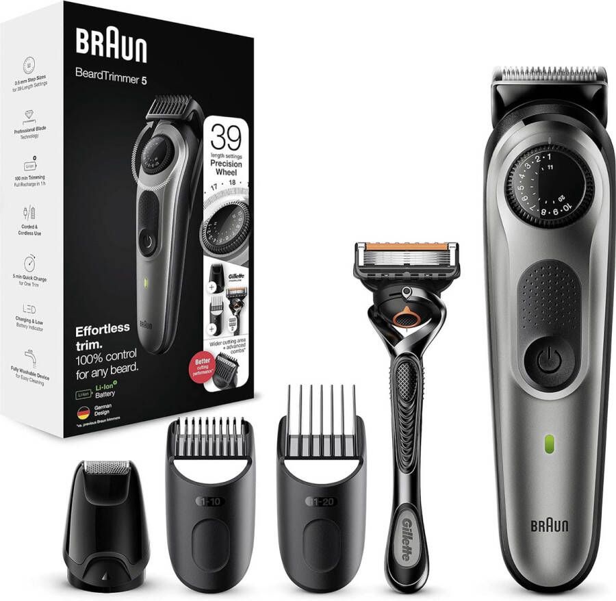 Braun Baardtrimmer Series 5 BT5360 Trimmer voor Mannen met Extra Gillette Scheermes 39 Lengte-Instellingen en 100 Minuten Gebruiksduur