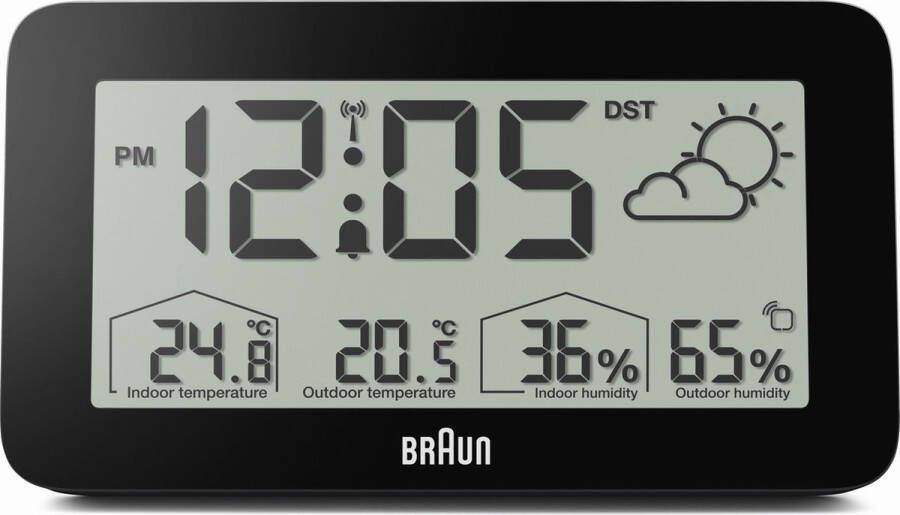 Braun BC13BP-DCF Weerstation LCD-scherm Achtergrondverlichtingsfunctie Vochtigheid Weergegevens Weervoorspelling Radiogestuurde functie 12 24 uur modus Wekkerfunctie Snooze Zwart