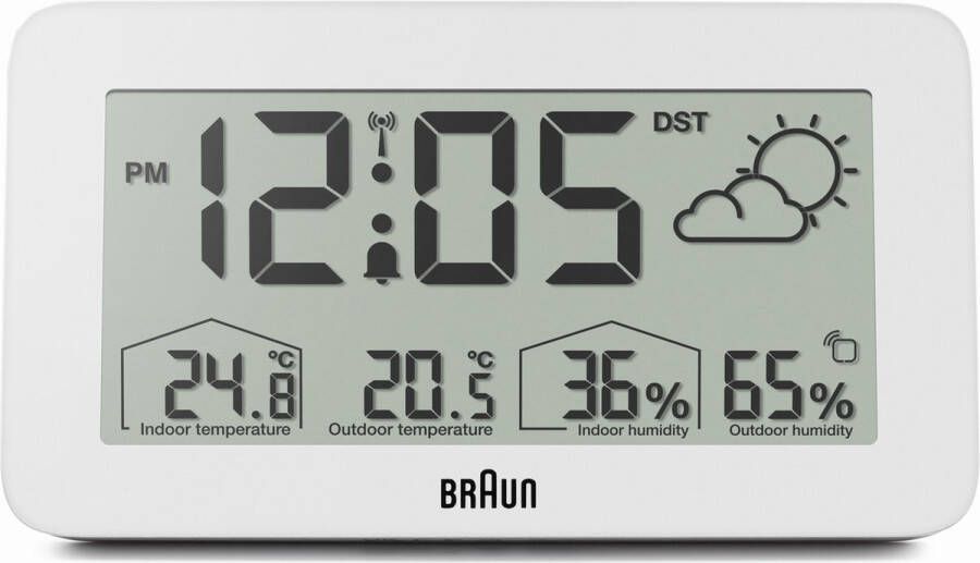 Braun BC13WP-DCF Weerstation LCD-scherm Achtergrondverlichtingsfunctie Vochtigheid Weergegevens Weervoorspelling Radiogestuurde functie 12 24 uur modus Wekkerfunctie Snooze Wit