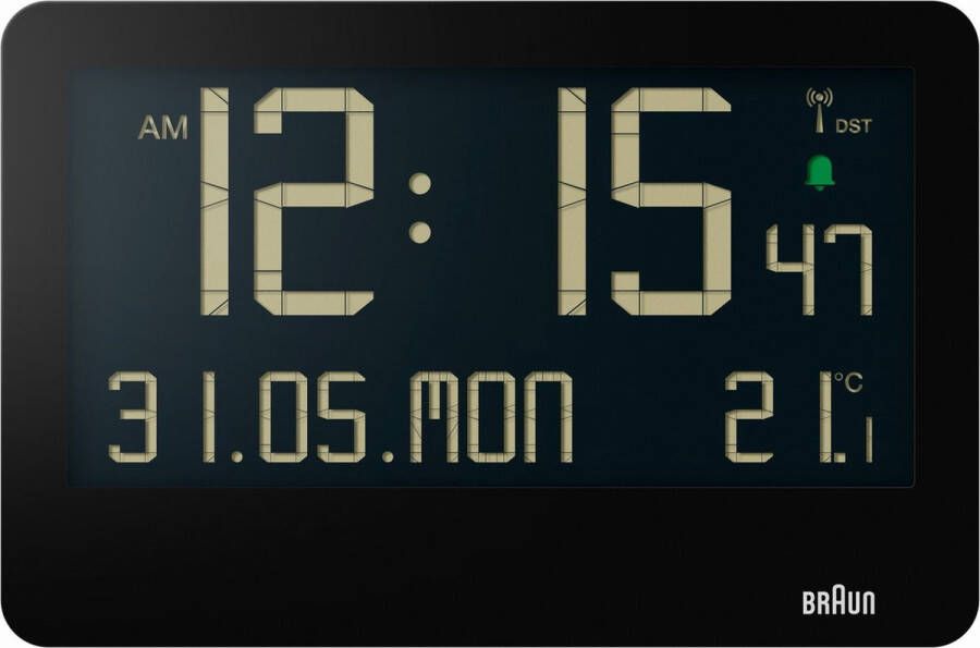 Braun BC14B-DCF Wandklok Tafelklok Digitaal LCD Radiogestuurde tijdsaanduiding Kalender- en temperatuurfunctie Pieptoonalarm • 12 24H Uitklapbare standaard Wekkerfunctie Snooze Zwart