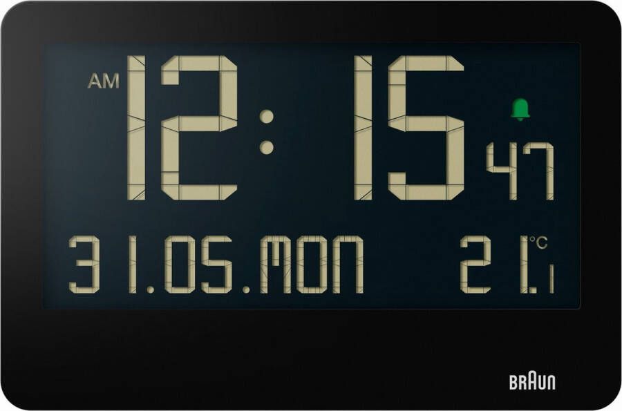 Braun BC14B Wandklok Tafelklok Digitaal LCD Kalender- en temperatuurfunctie Pieptoonalarm • 12 24H Uitklapbare standaard Wekkerfunctie Snooze Zwart