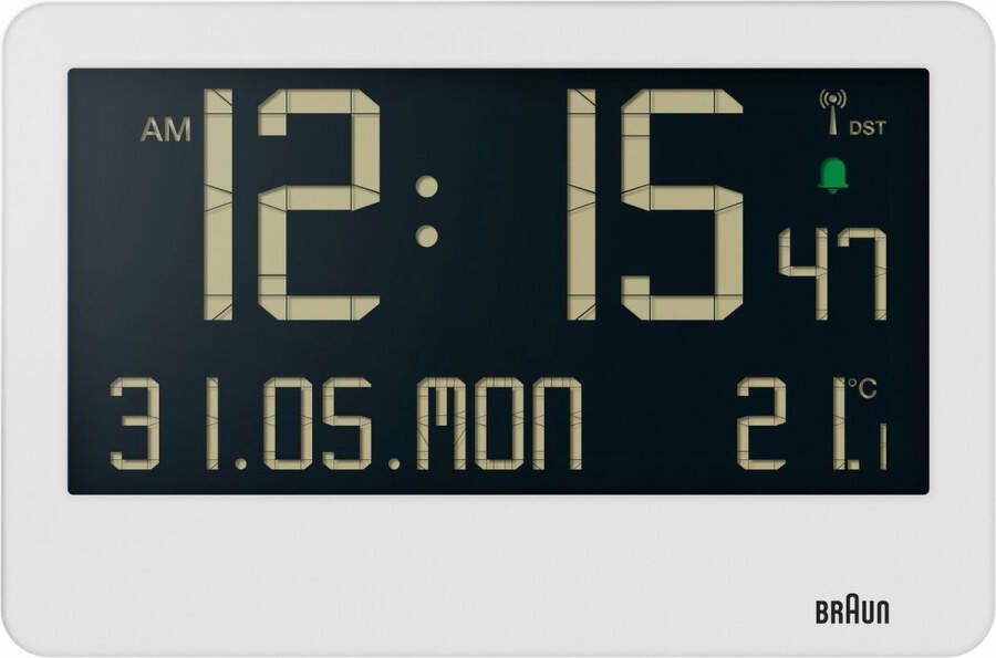 Braun BC14W-DCF Wandklok Tafelklok Digitaal LCD Radiogestuurde tijdsaanduiding Kalender- en temperatuurfunctie Pieptoonalarm • 12 24H Uitklapbare standaard Wekkerfunctie Snooze Wit