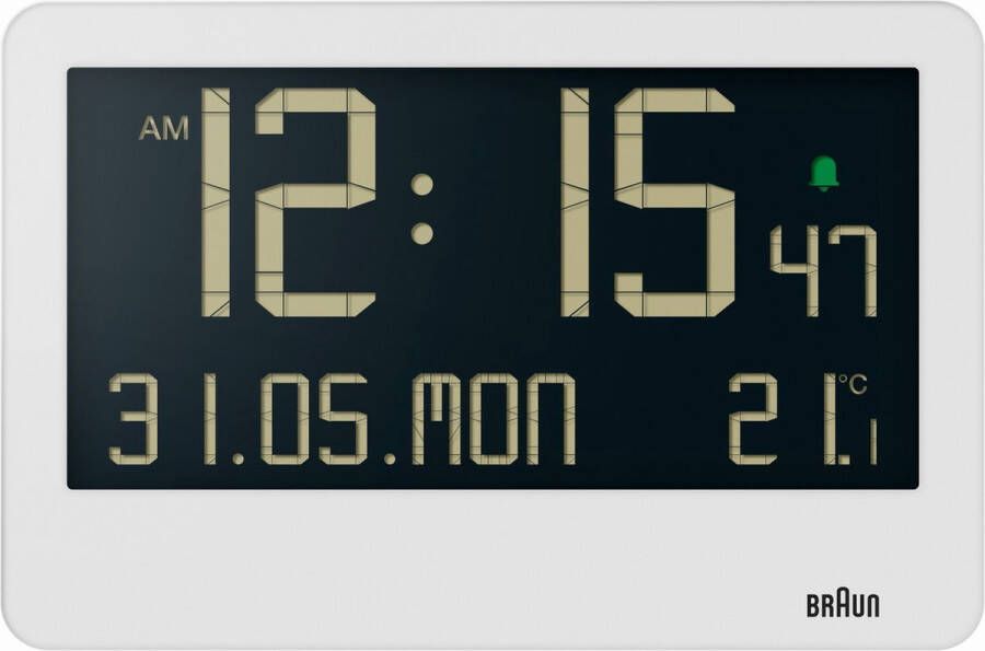 Braun BC14W Wandklok Tafelklok Digitaal LCD Kalender- en temperatuurfunctie Pieptoonalarm • 12 24H Uitklapbare standaard Wekkerfunctie Snooze Wit