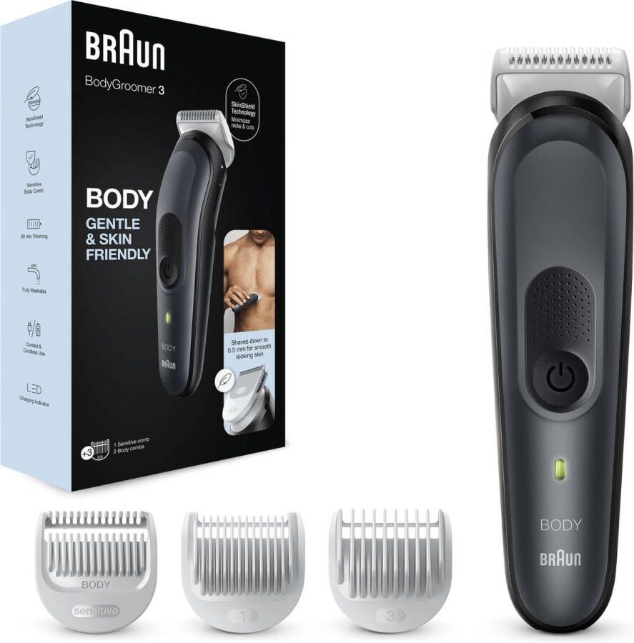 Braun Bodygroomer Series 3 3340 Lichaamsverzorger Voor Heren Borst Oksels Schaamstreek Manscaping en Meer Incl. Kammen SkinShield Technologie Voor Zorgvuldig Gebruik Afspoelbaar