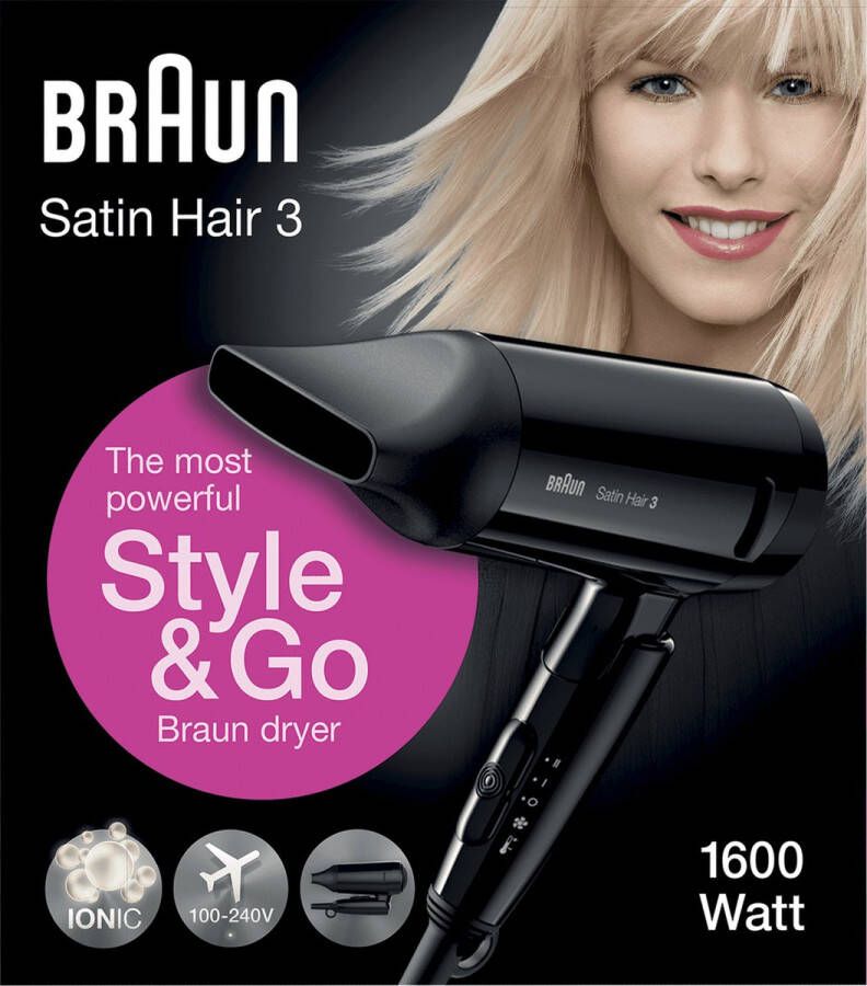 Braun Satin Hair 3 Style & Go BRHD350E Föhn IONIC technologie Infrared heating system Multi Voltage voor op reis