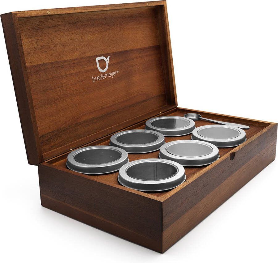 Bredemeijer Theedoos + 6 blikjes rond + lepel acacia hout
