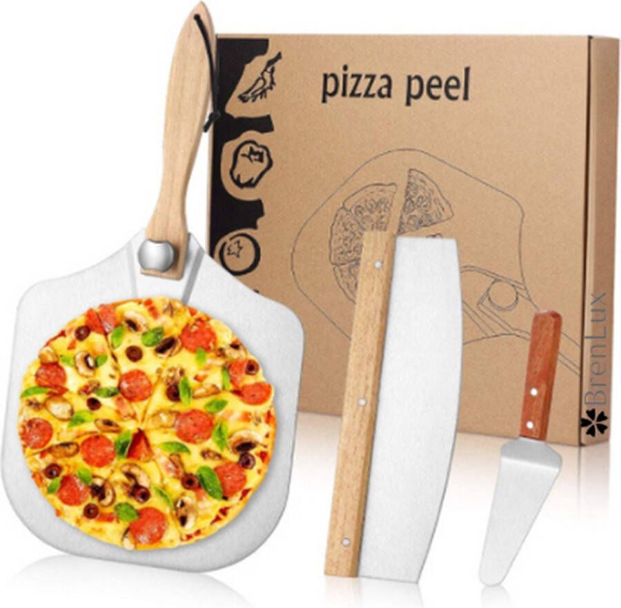 BrenLux ✿ Pizzaset Pizzames Pizza bakset Bakplaat pizzaoven Mes voor pizza 3 delig pizzaset Traditioneel pizzaset