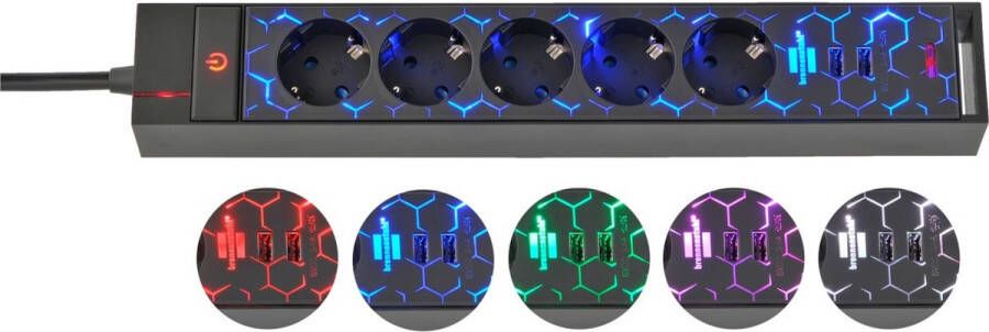 Brennenstuhl Gaming stekkerdoos met 5 contacten 2x USB-A en LED-verlichting zwart 1 5 meter