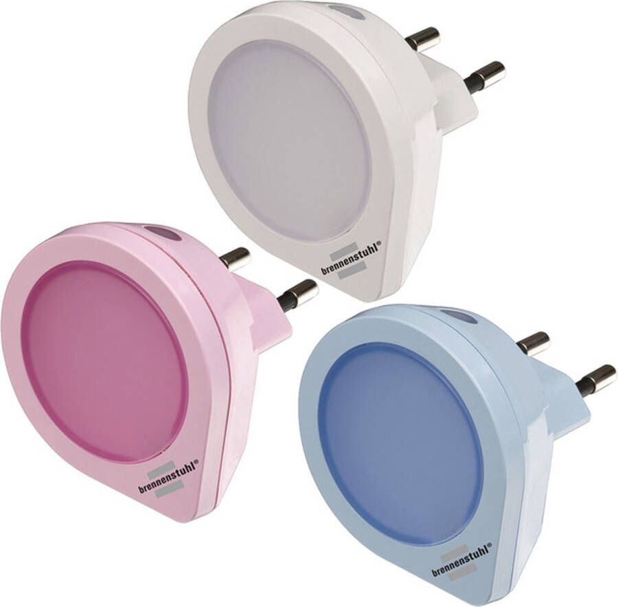 Brennenstuhl LED-nachtlampenset oriëntatielicht met schemeringssensor en 1 LED (extreem energiebesparend kleur: 1x wit 1x roze 1x blauw)