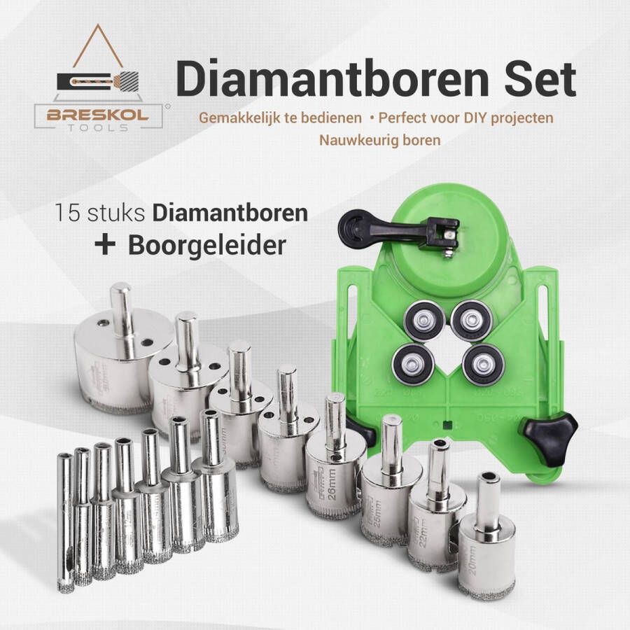 Breskol diamantboor diamantboren set voor gemakkelijk en efficiënt klussen diamantboren set tegelboor glasboor diamantboor 6 mm diamantboor 8 mm diamantboor nat 15 delige set + Boorgeleider Diamantboor Tegelboren