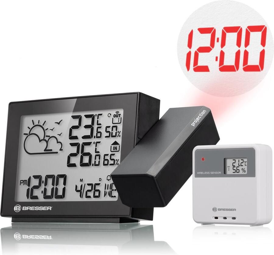 Bresser Weerstation MeteoTemp P Projectie Weerstation Klok Zwart Weersvoorspelling