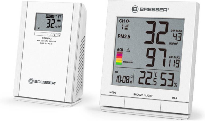 Bresser Weerstation Fijnstofmeter Thermo Hygrometer PM 2 5 PM 10 luchtkwaliteitsindex Alarmfuntie