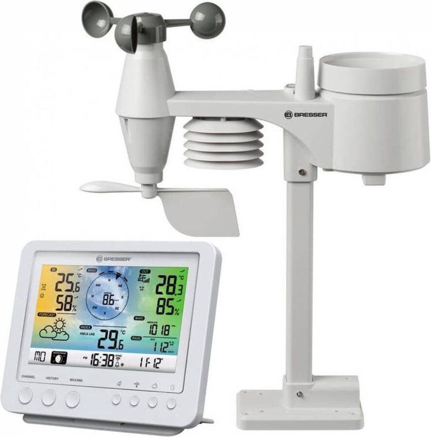Bresser Weerstation Proffesioneel 5-in-1 WIFI Weercenter Temperatuur Regenmeter Windsnelheid Windrichting en Luchtdrukmeting Wit