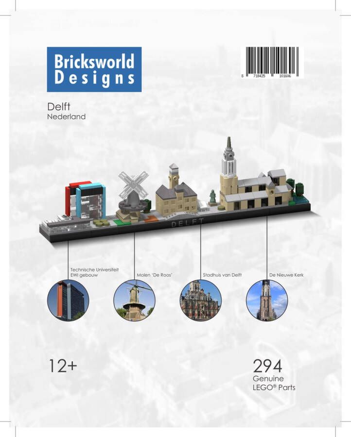 Bricksworld BOC-SKY-DEL BOC Architectuur Skyline Delft (NL) modules TU EWI Molen de Roos Stadhuis & de Nieuwe Kerk. Samengesteld uit originele nieuwe LEGO onderdelen