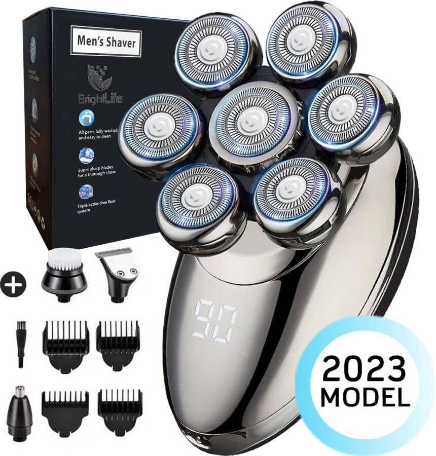 BrightLife Skull shaver Scheerapparaat voor mannen Tondeuse Nieuwste generatie trimmer Draadloos Nat en Droog 5 opzetstukken