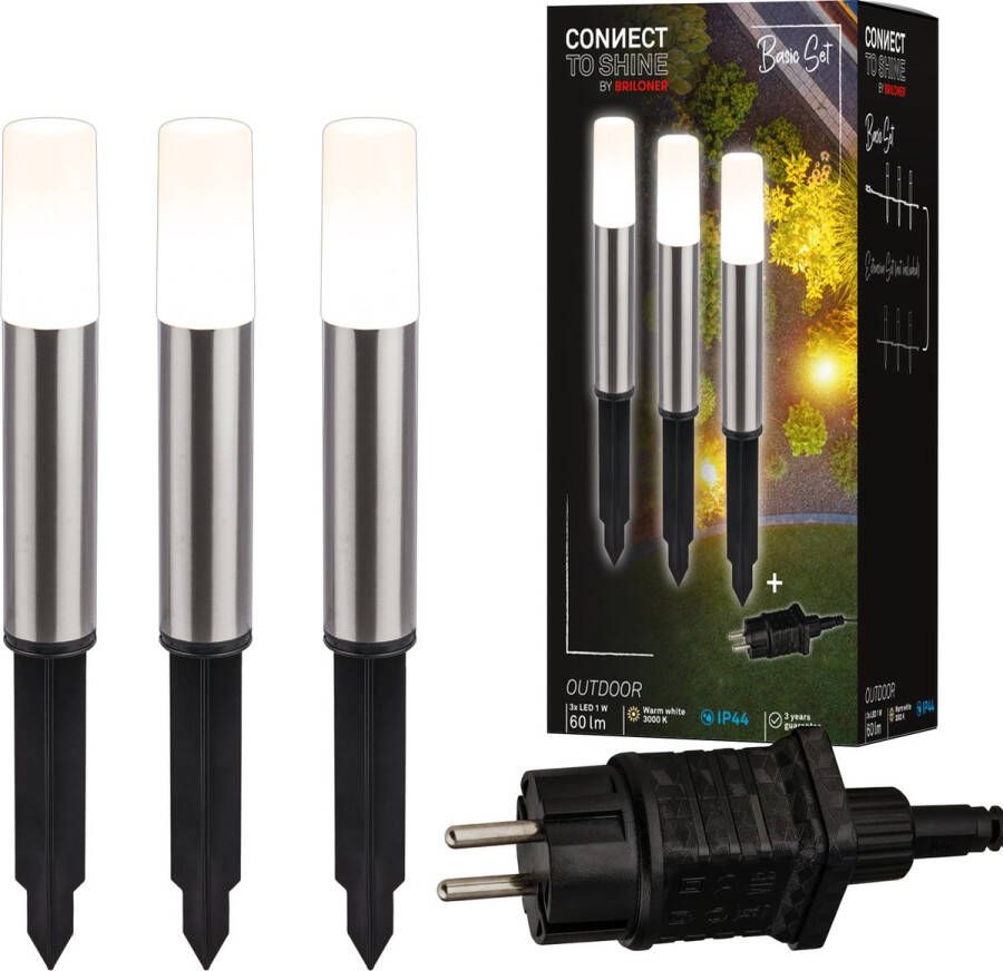 Briloner Connect to Shine -LED padverlichting 3925032 Startset Warm wit licht IP44 1 5m voedingskabel Geborsteld roestvrij staal 36 5 x 4 cm Zilverkleurig