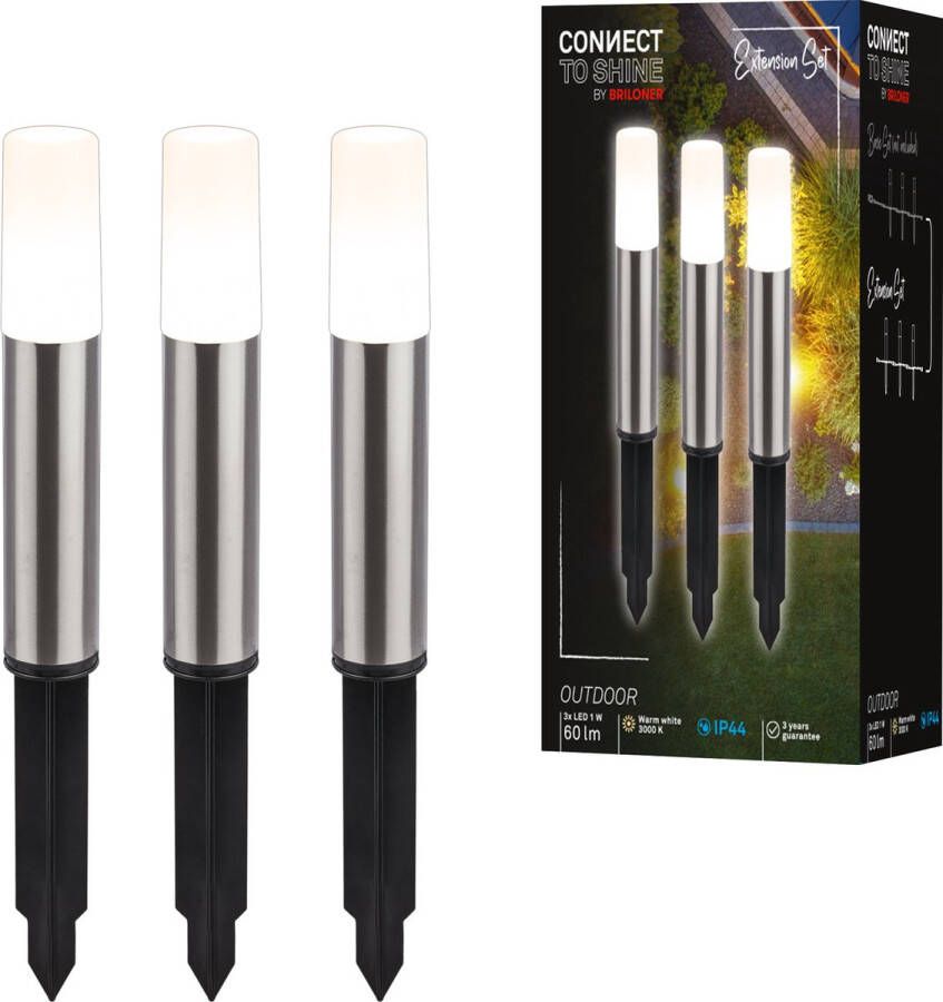 Briloner Connect to Shine -LED padverlichting 3926032 Uitbreidingsset voor artikel 3925032 Warm wit licht IP44 Geborsteld roestvrij staal incl. grondspies 36 5 x 4 cm Zilverkleurig