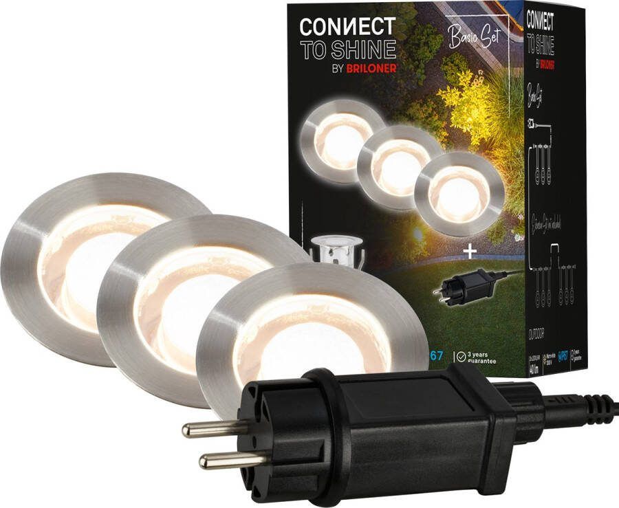 Briloner Connect to Shine -LED vloerinbouwspots 3912032 Startset IP67 BEPERKT Warm wit licht 1 5m voedingskabel 0 6 watt en 40 lumen per stuk Ø30x26mm Zilverkleurig