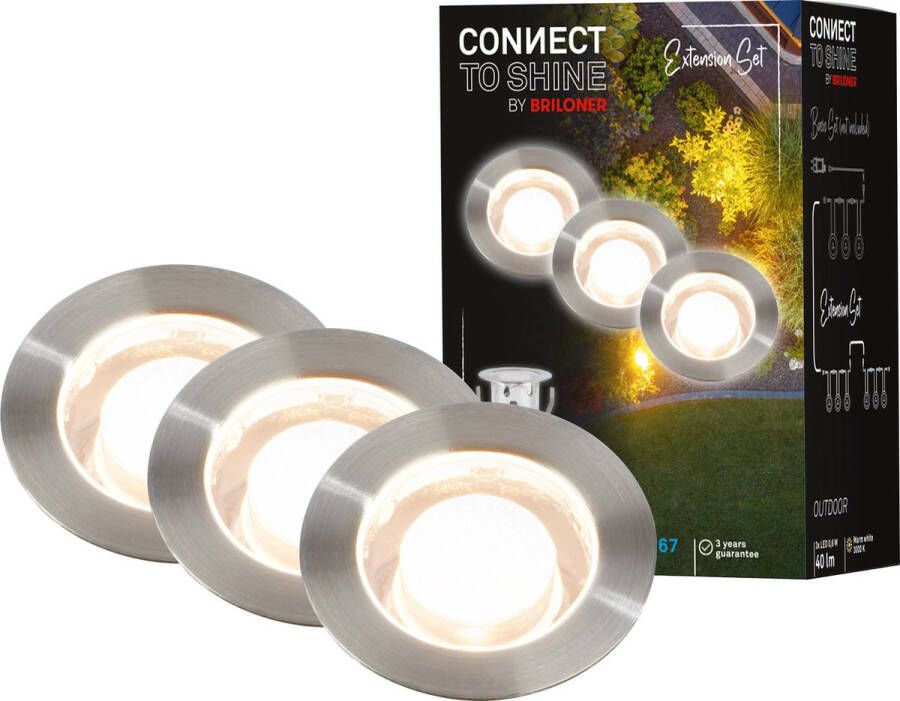 Briloner Connect to Shine -LED vloerinbouwspots 3913032 Uitbreidingsset voor artikel 3912032 IP67 BEPERKT Warm wit licht 40 lumen per stuk 0 6 watt per stuk Ø30x26mm Zilverkleurig