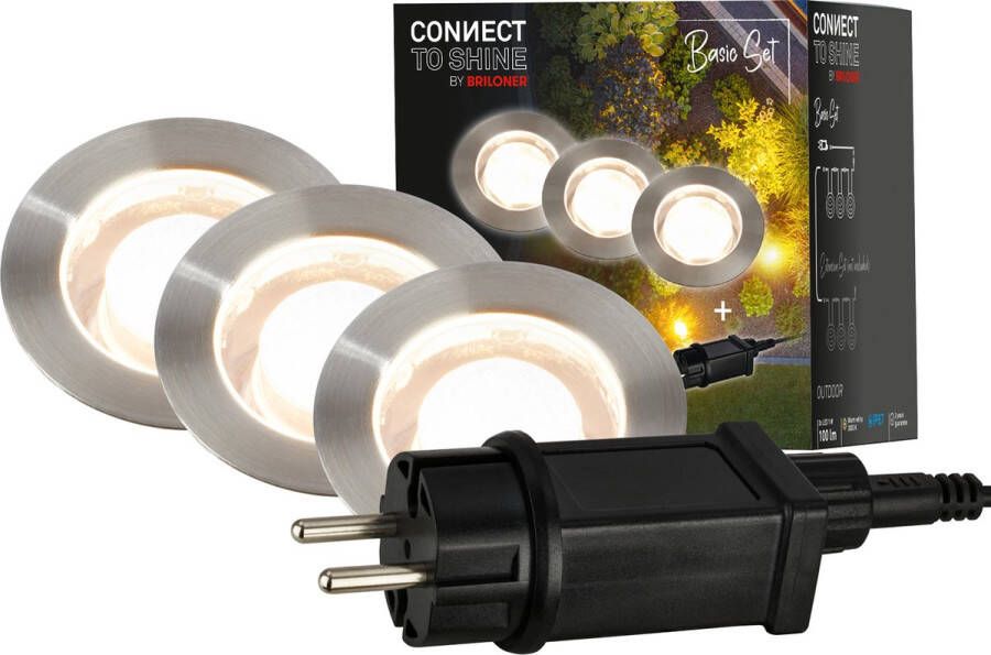 Briloner Connect to Shine -LED vloerinbouwspots 3916032 Starterset met aardingscontactdoos IP67 1 5m voedingskabel Warm wit licht Ø45x66mm Zilverkleurig