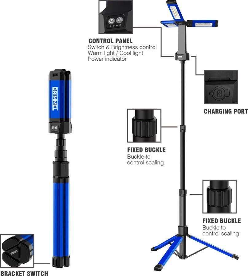 Brimmel OPLAADBARE PROFF. LED BOUWLAMP OP STATIEF OPHANGMAGNEET 360° KANTELBAAR VERSTELBAAR 2000LUMEN WERKT TOT 8U IN 1 OPLAADBEURT
