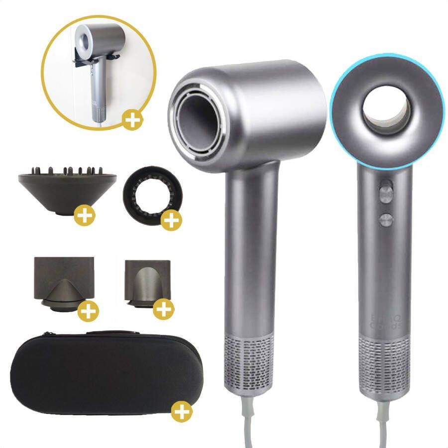 BrinQ Goods Ionische Föhn met Diffuser Fohn Ionische Haardroger Fohnborstel Multistyler Nieuwste versie Apr 2024 Silver Grey Incl. Muurbevestigingset