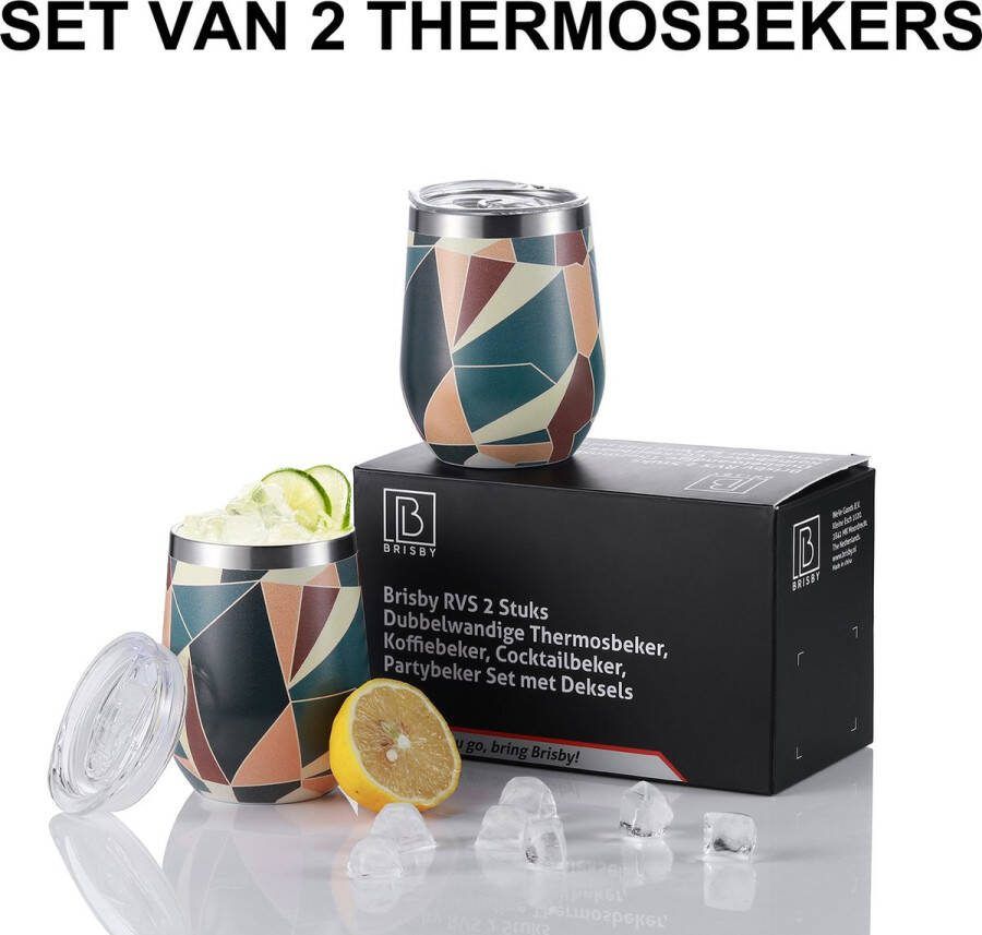 Brisby RVS 2 Stuks Dubbelwandige Design Thermosbeker Partybeker Set met Deksels – Abstract Colors